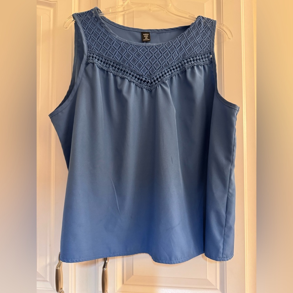 SHEIN Blue Sleeveless Crochet Yoke Tank Top